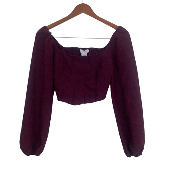 KIRIOUS LOS ANGELES Tops - Kirious Los Angeles Women's S Burgundy Corset Crop Top Puff Sleeve Smocked Back